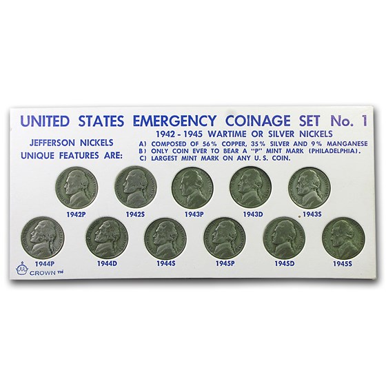 1942-1945 35% Silver Wartime Nickel Set Avg Circ 1942-1945 35% Silver Wartime Nickel Set Avg Circ